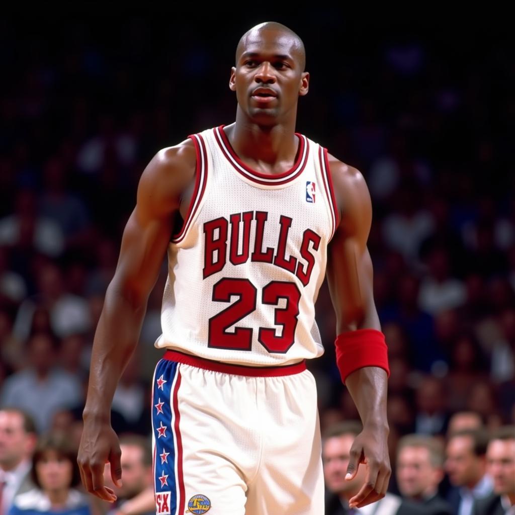 Michael Jordan wearing the iconic 1996 All-Star Game jersey