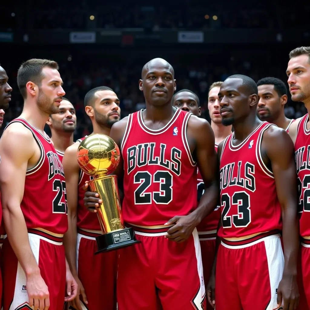 Michael Jordan holding the NBA Championship trophy