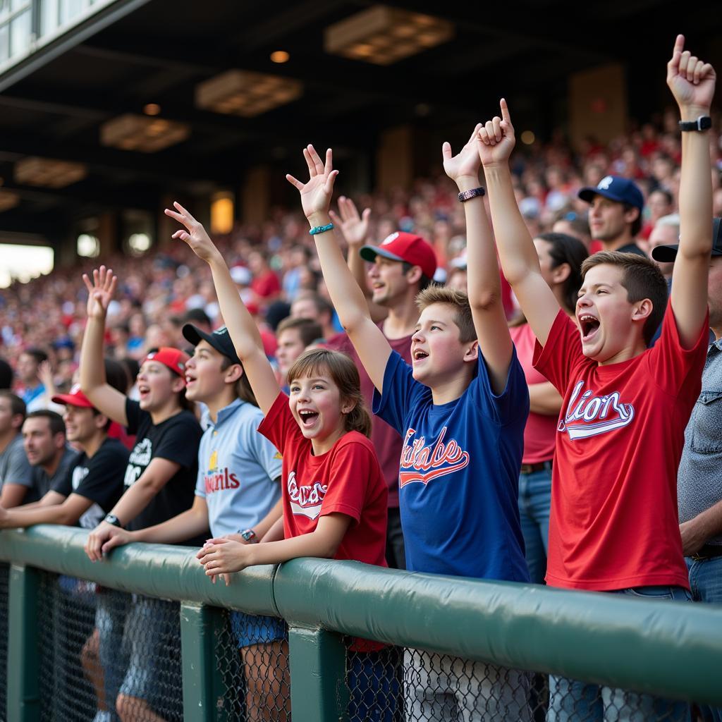 A crowd of enthusiastic fans cheering at a Mid-Prairie baseball game