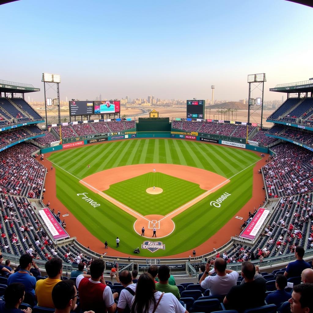 Modern baseball field in the Middle East with fans cheering