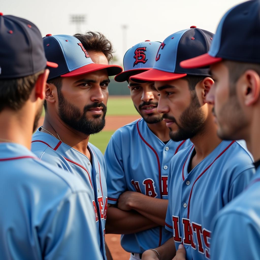 Diverse group of Middle Eastern baseball players huddling on the field