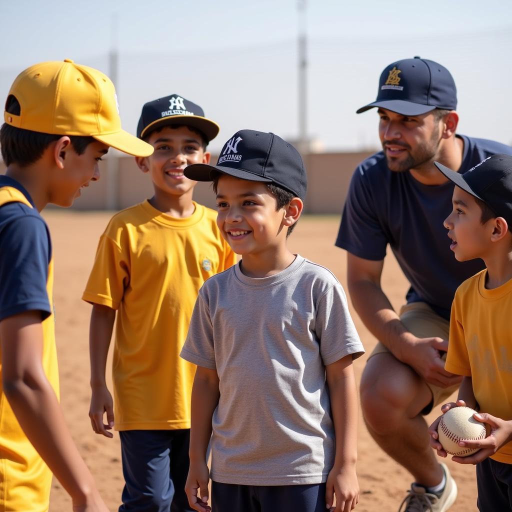 Young athletes learning baseball at a youth clinic in the Middle East