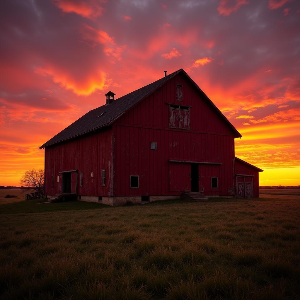 Rustic red barn against a vibrant Midwest sunset