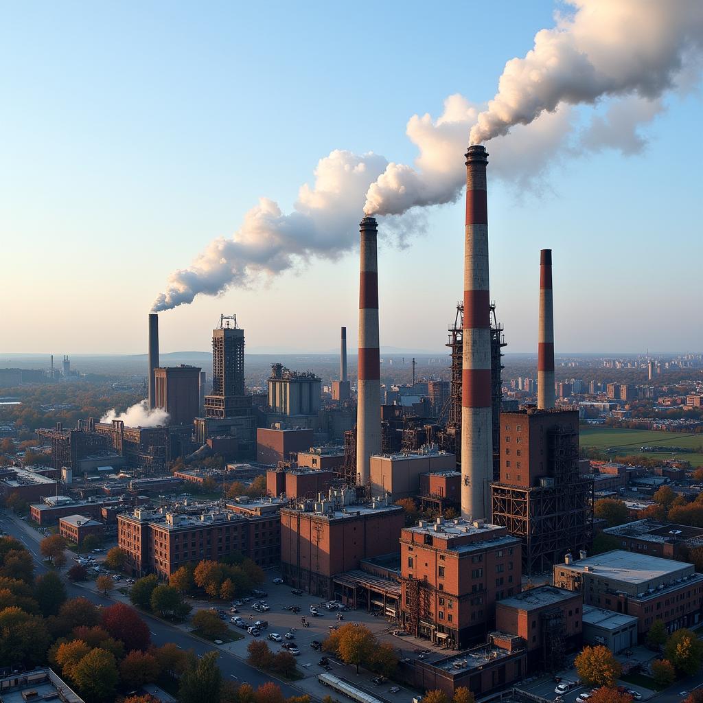 Industrial cityscape with factories and smokestacks against a cloudy sky