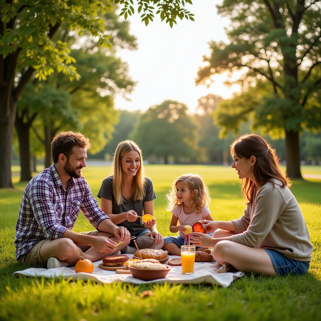 A happy family enjoying a picnic lunch together in a lush green park