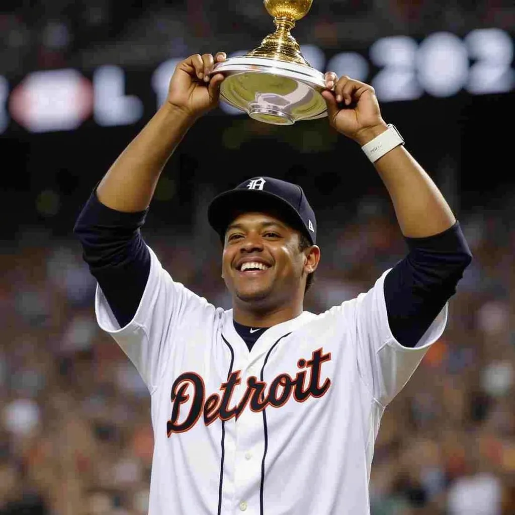 Miguel Cabrera holding the Triple Crown trophy