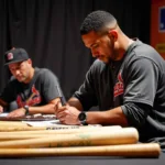 Miguel Cabrera signing baseball bats for fans