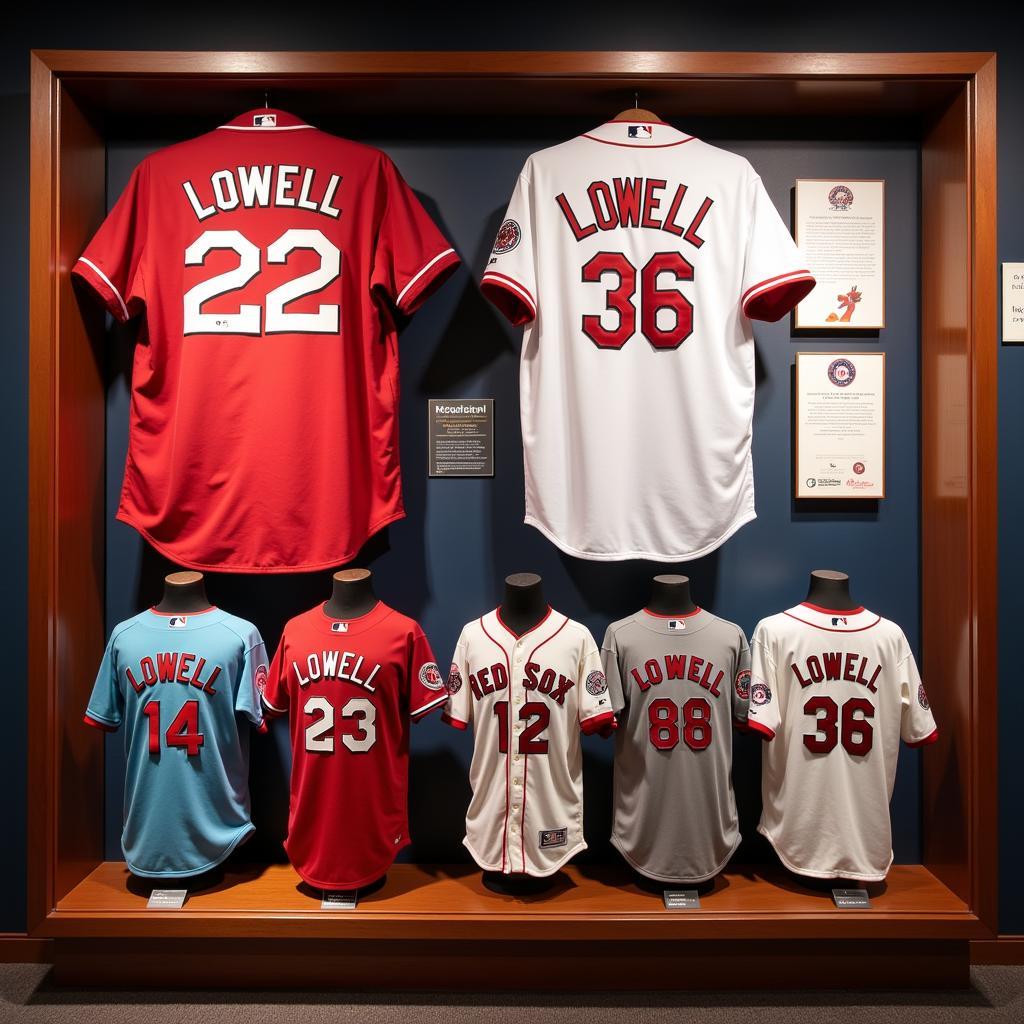 A collection of Mike Lowell Red Sox jerseys on display