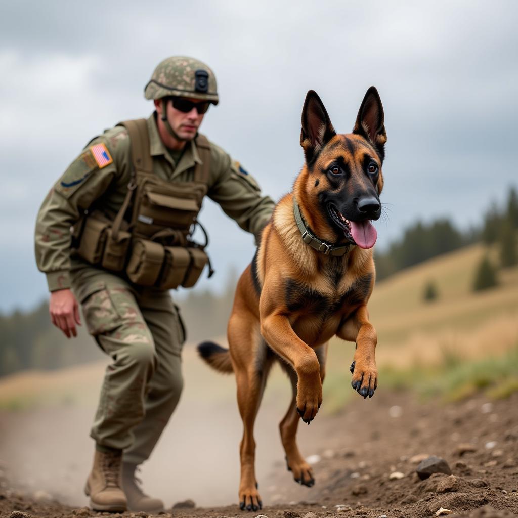 Military Working Dog in Action with Soldier