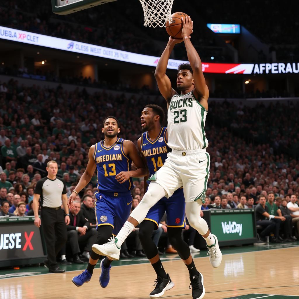 Giannis Antetokounmpo of the Milwaukee Bucks showcasing his dominance on the court.