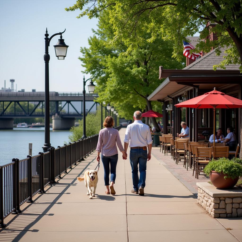 Walking a Dog along the Milwaukee Riverwalk near BBQ Restaurants