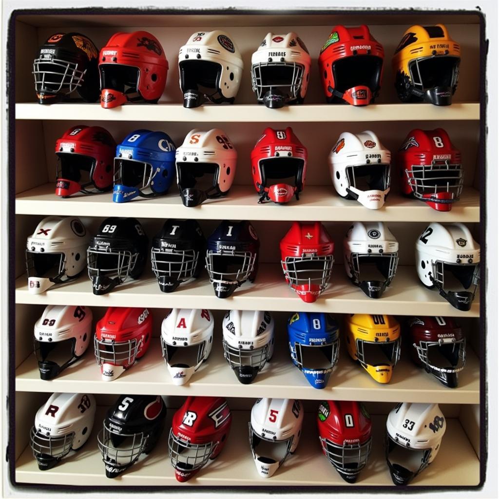 A collection of miniature hockey helmets displayed on a shelf