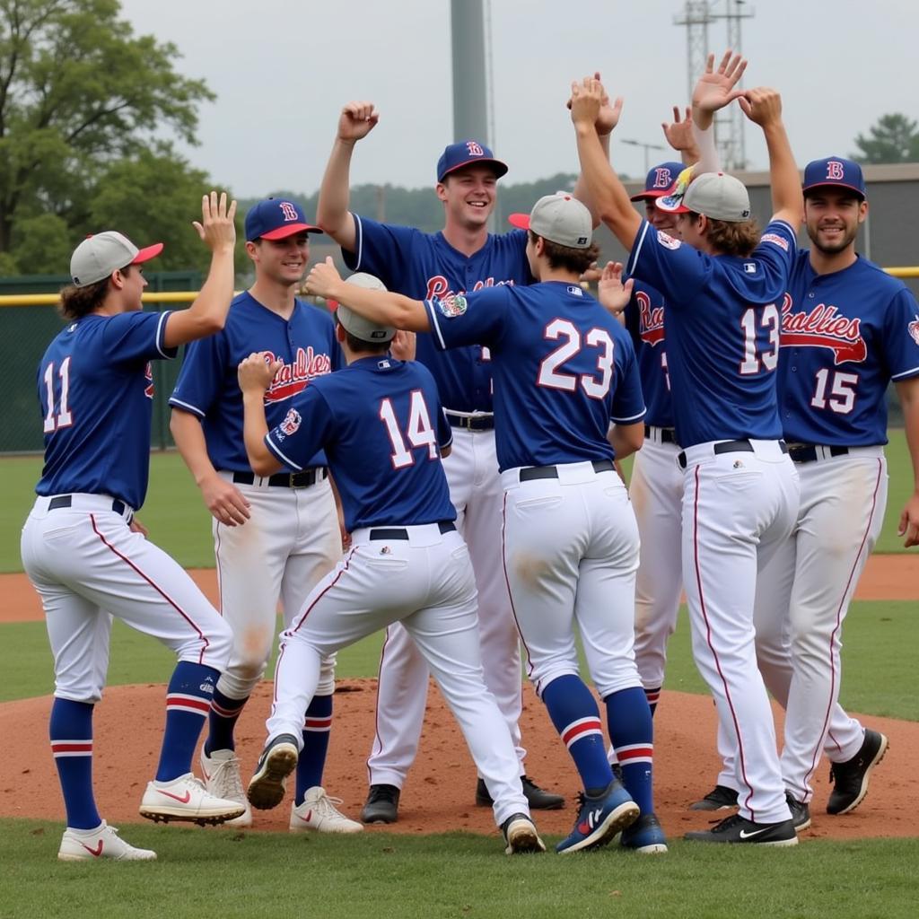 Baseball players celebrating a victory on the field.