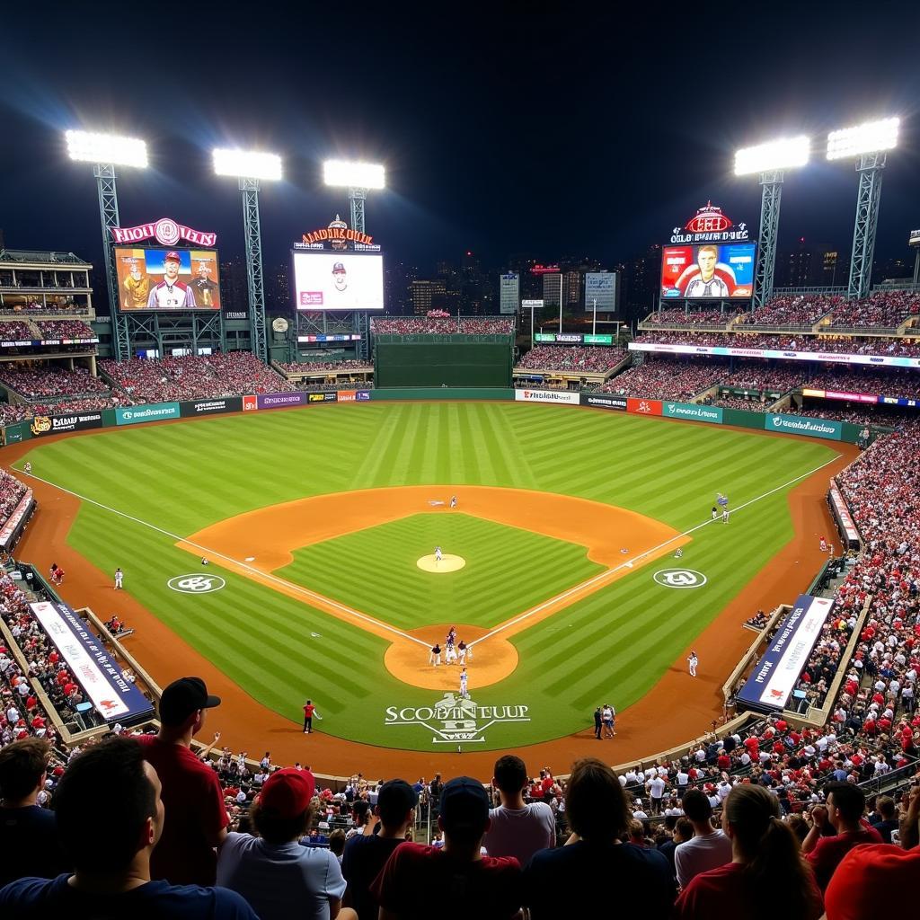 Aerial view of a bustling MLB ballpark during a game