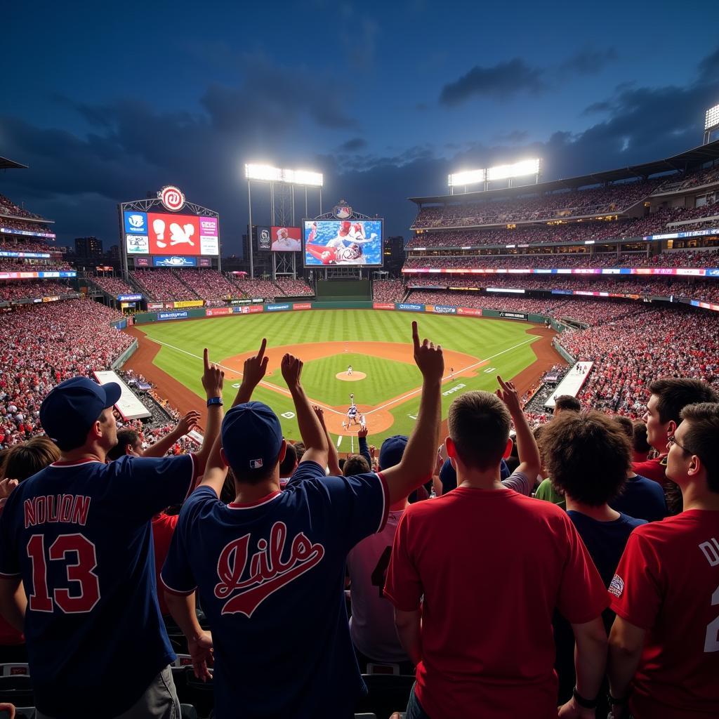 Fans celebrating a home run in a packed MLB ballpark