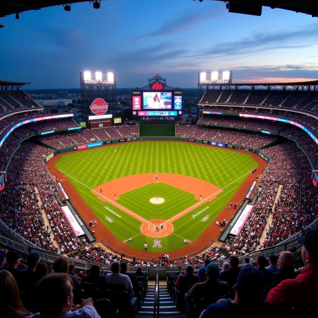 Aerial view of a bustling MLB ballpark during a game