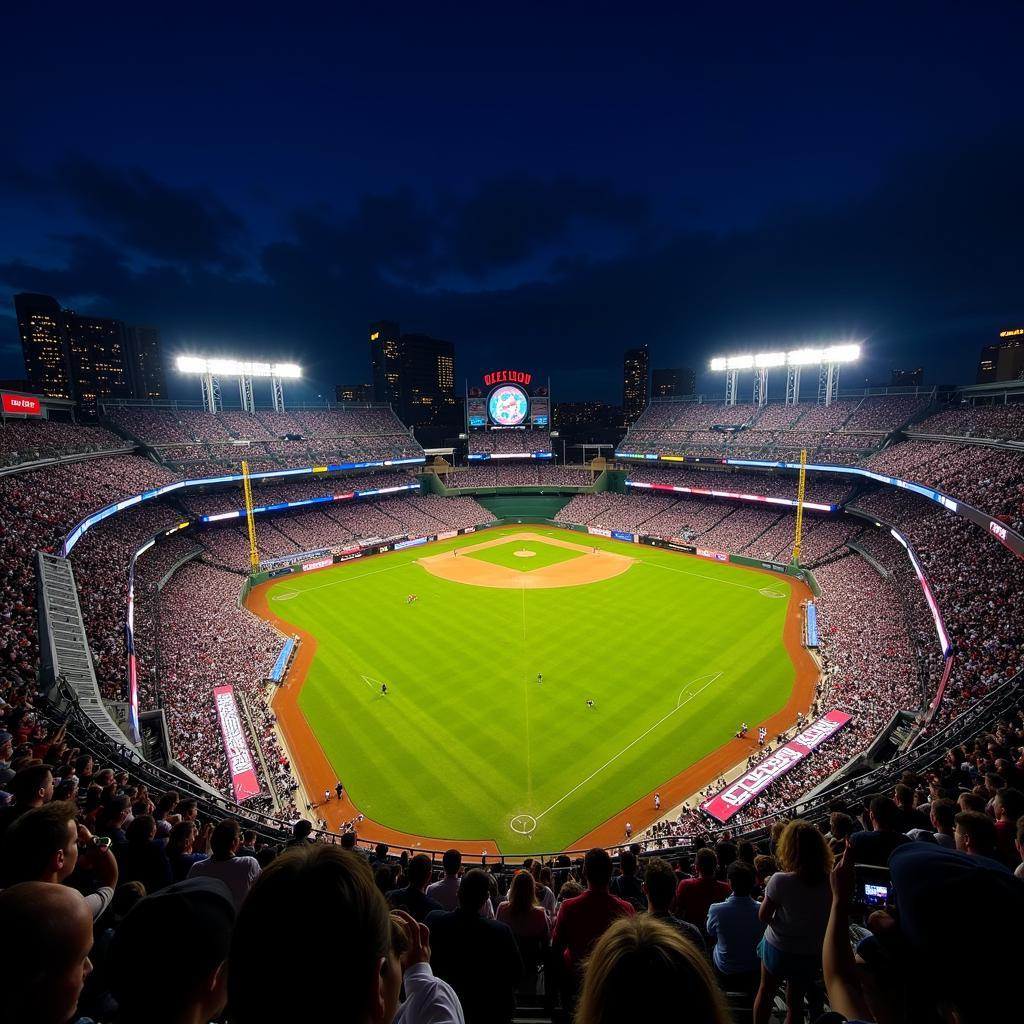 Aerial view of a bustling MLB baseball field during a game