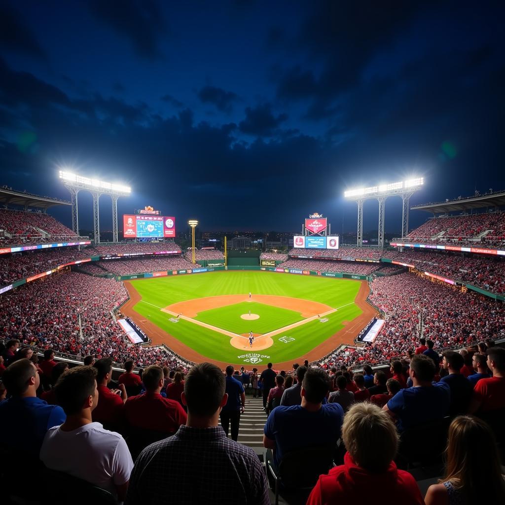 A panoramic view of an MLB baseball park illuminated for a night game