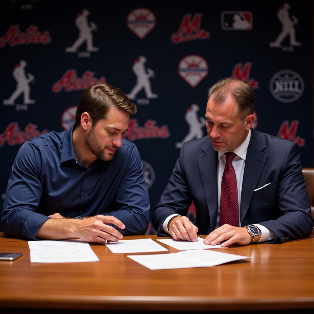 Image of an MLB player and agent reviewing a contract 