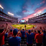 Enthusiastic MLB fans cheering in a packed stadium