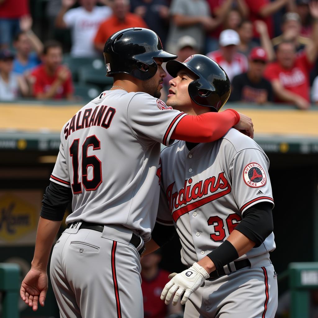 MLB players celebrating a home run with a hug