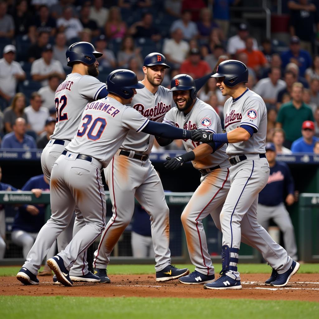 MLB players celebrating a home run with their teammates.