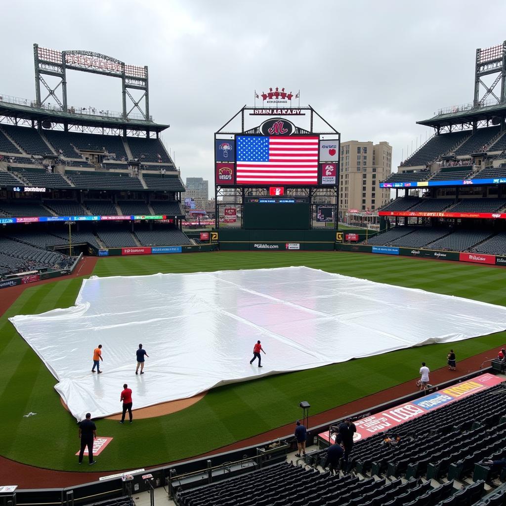 An MLB game delayed due to rain