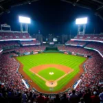 Aerial view of a bustling MLB stadium during a game