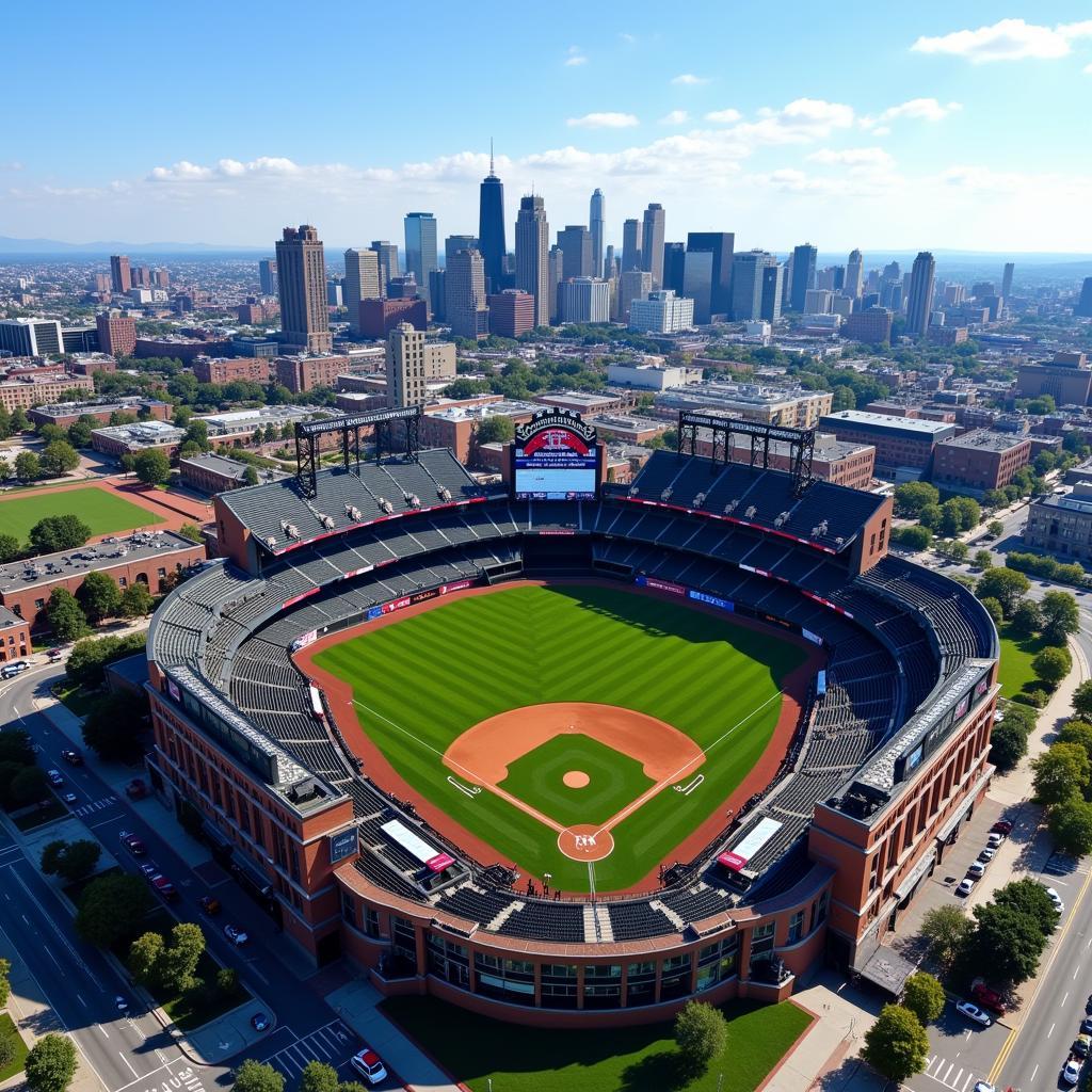 Aerial View of an MLB Stadium with Cityscape