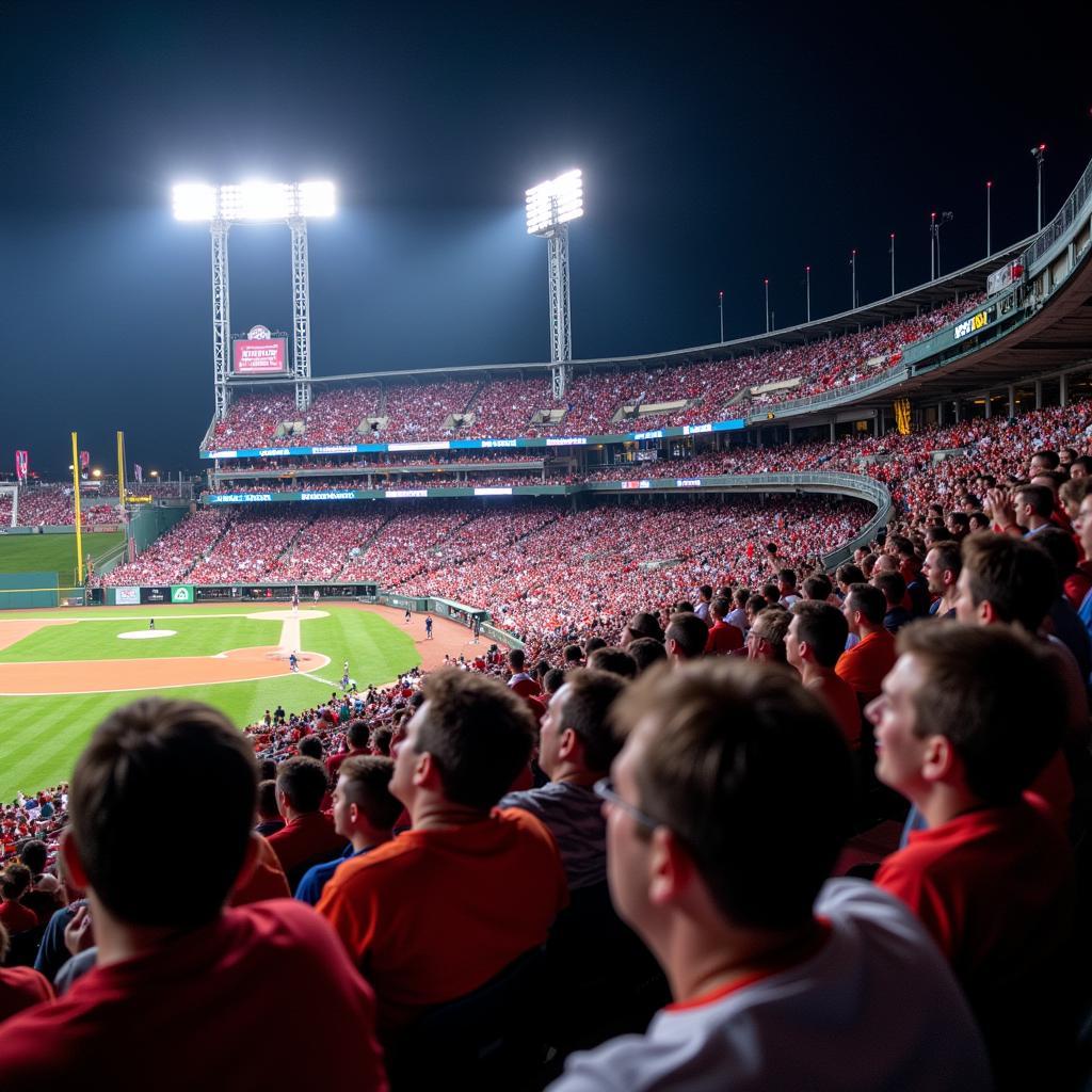 Interior of a packed MLB stadium with cheering fans