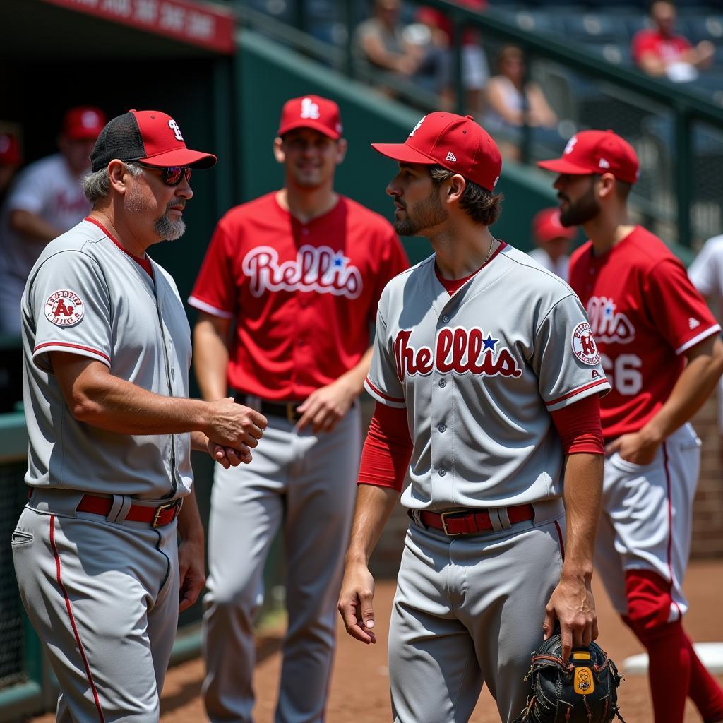 Image of a veteran MLB player mentoring a younger teammate