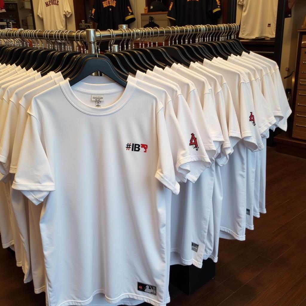 Authentic MLB white t-shirt displayed in a retail store setting.