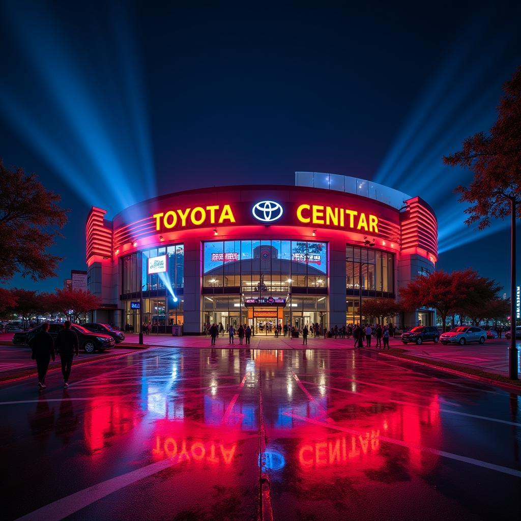 The Toyota Center in Houston, Texas, all lit up at night