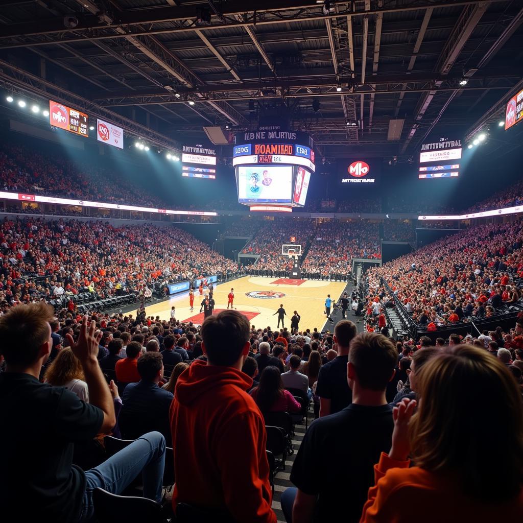 Enthusiastic basketball fans cheering during the MLK Invitational in a packed stadium.