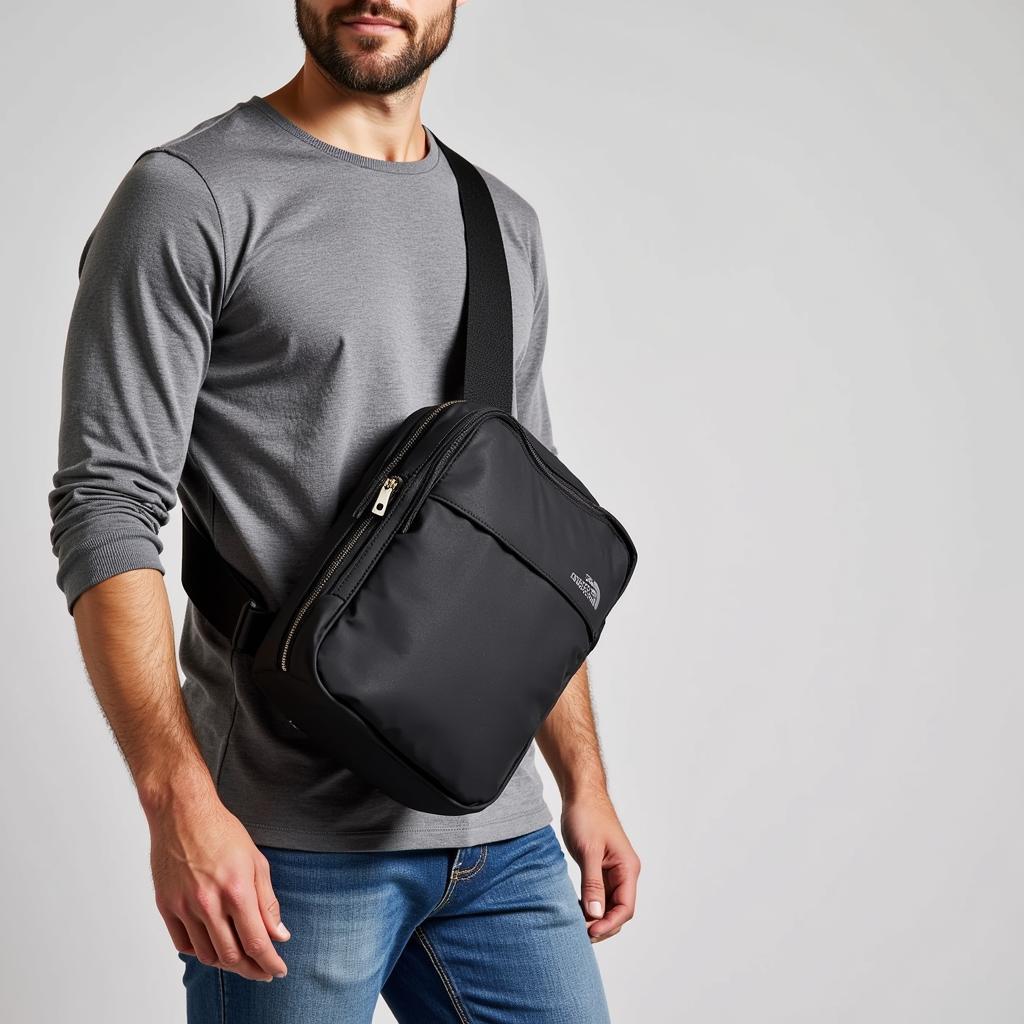 A man carrying a sleek black sling bag for his mobile phone, perfect for everyday use