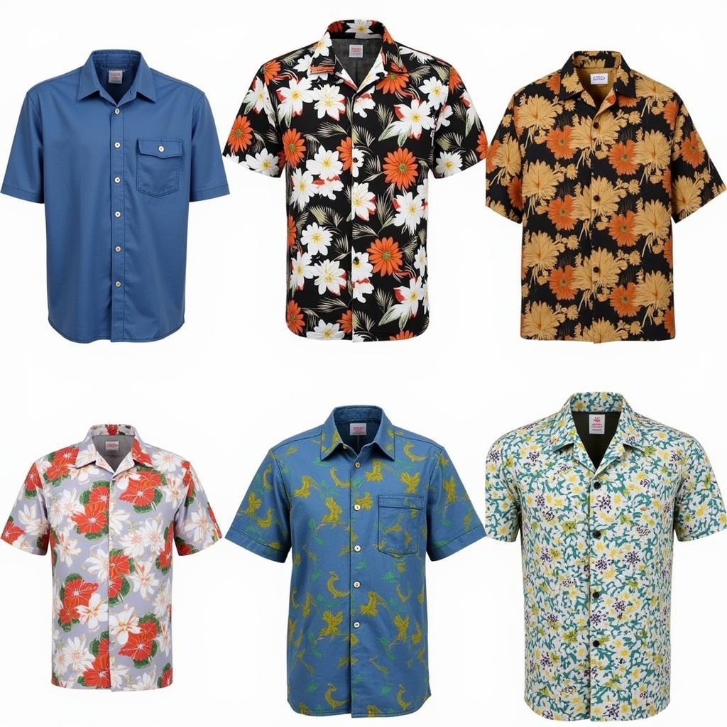 Variety of contemporary aloha shirts with different patterns and colors