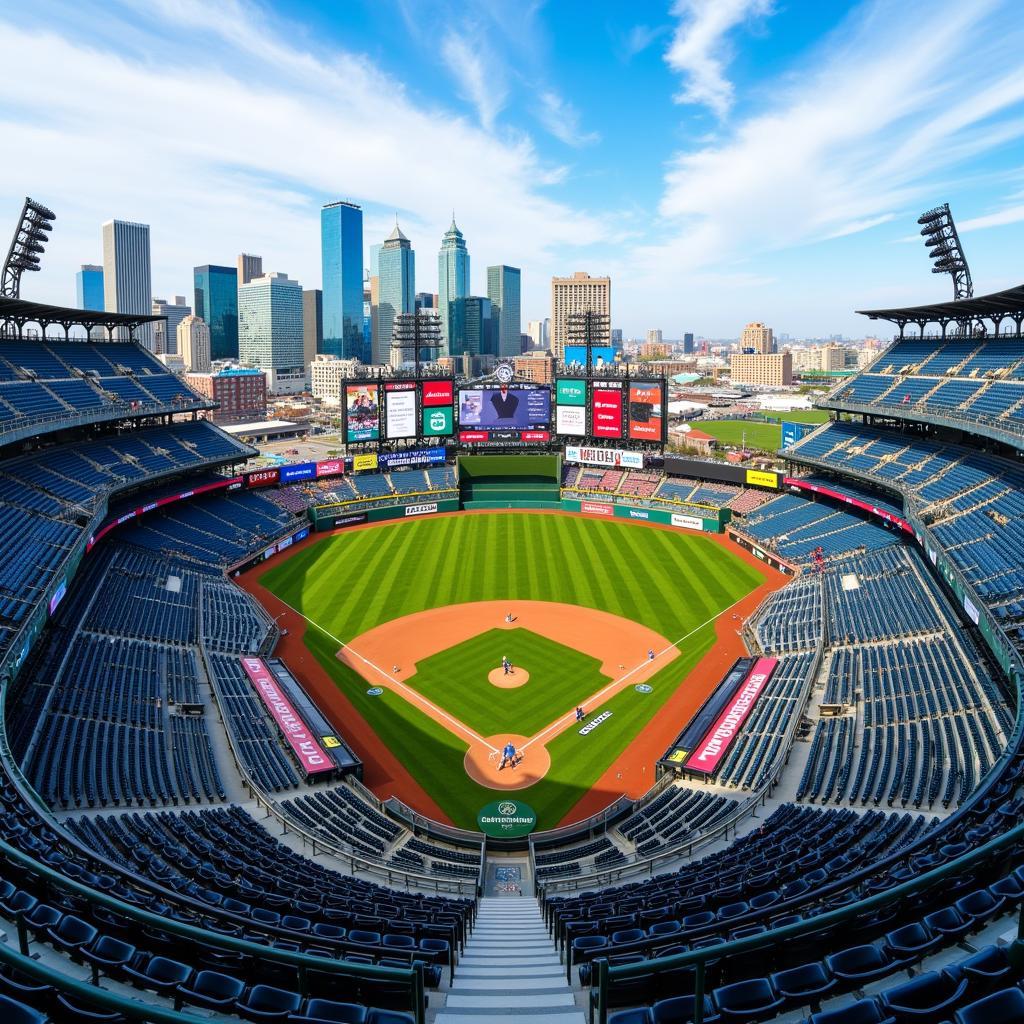 Modern Baseball Park with City Skyline