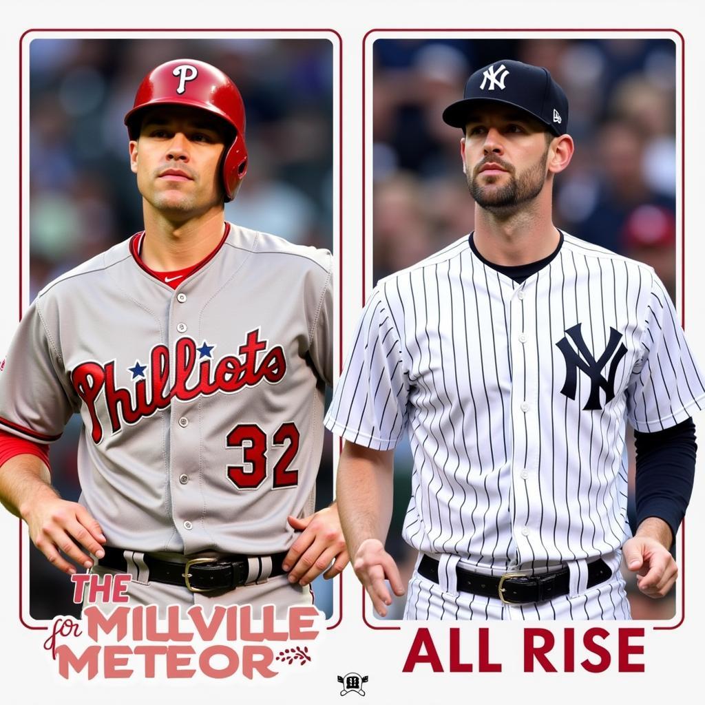 Modern-day MLB players like Mike Trout ("The Millville Meteor") and Aaron Judge ("All Rise") with their respective nicknames displayed underneath.