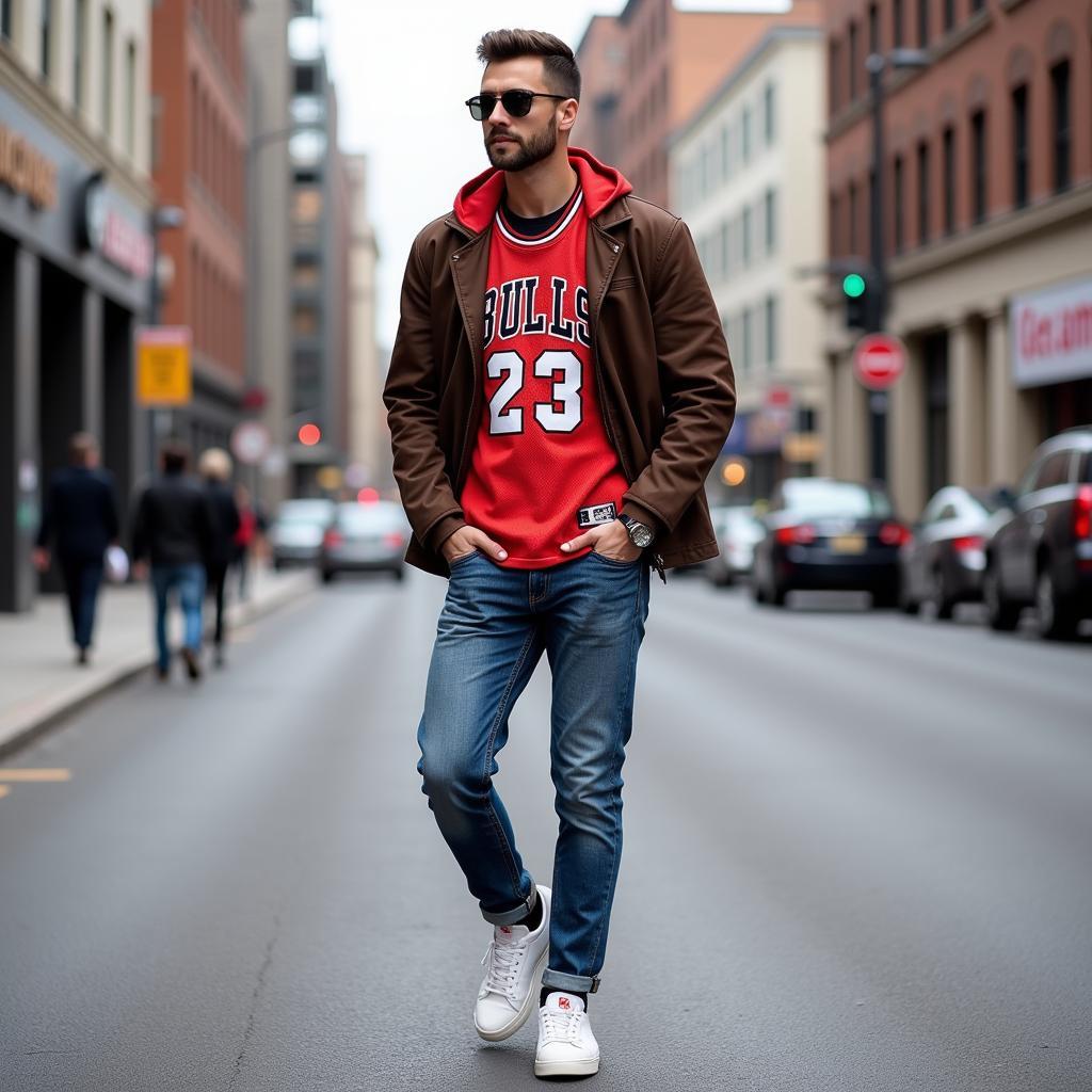 Modern fashion incorporating a vintage 80s basketball jersey