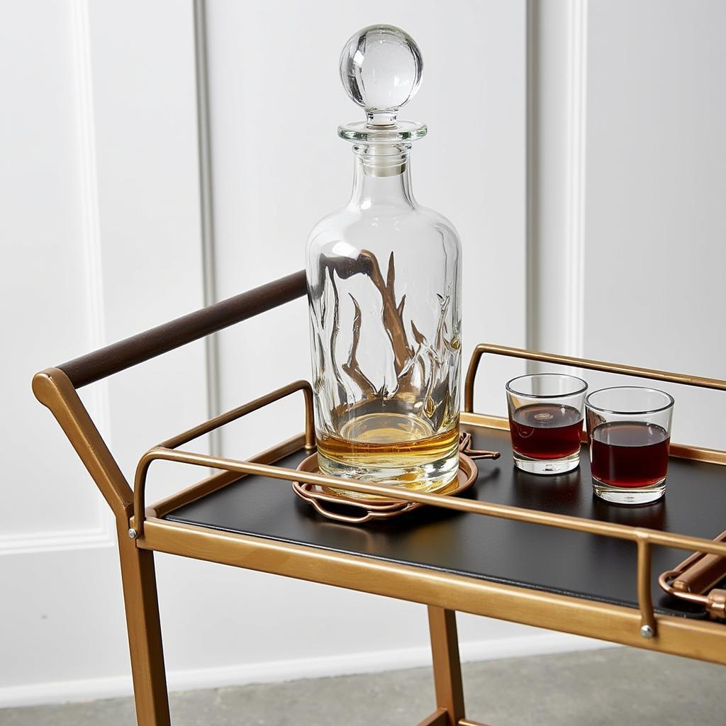 A modern glass gun liquor bottle set arranged on a stylish bar cart