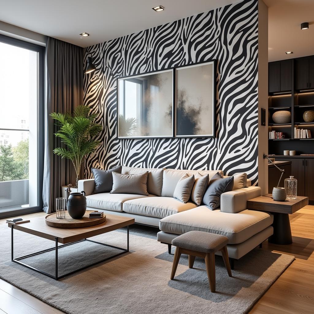 Modern Living Room with Zebra Print Wallpaper