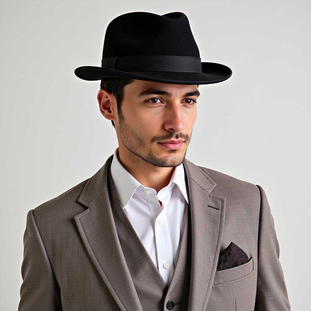 A stylish man in a modern outfit incorporating a black bowler hat.