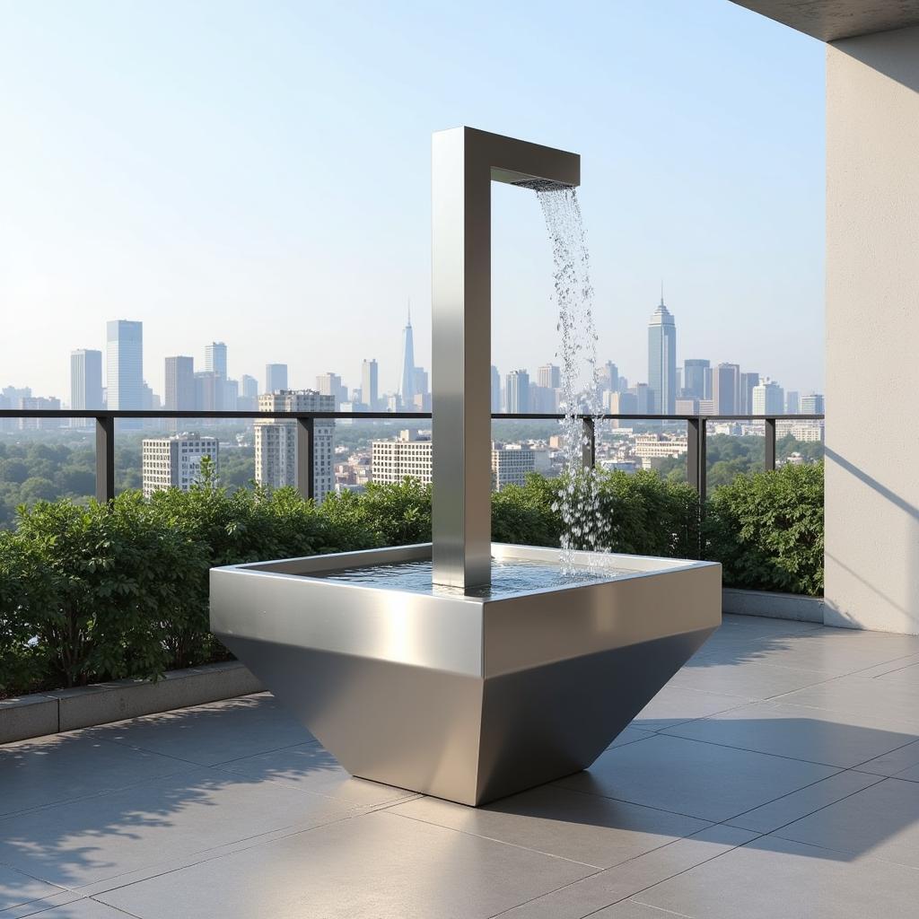 Modern Metal Corner Fountain on a Balcony