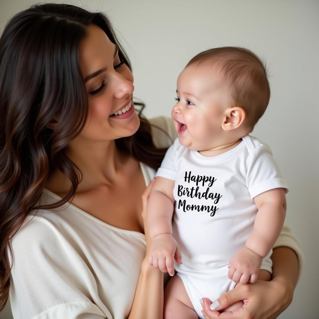 A Mother Embracing Her Baby Wearing a "Happy Birthday Mommy" Onesie