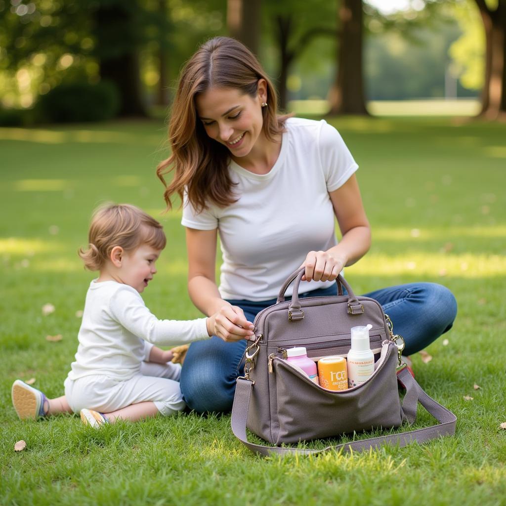 Mom Using Mini Diaper Bag Purse While Spending Time with Her Child at a Park