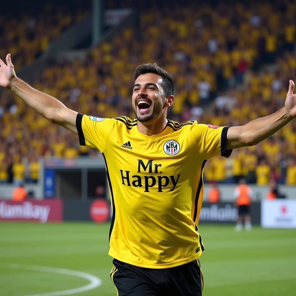 Mario Gomez celebrating a goal in the Mr Happy shirt