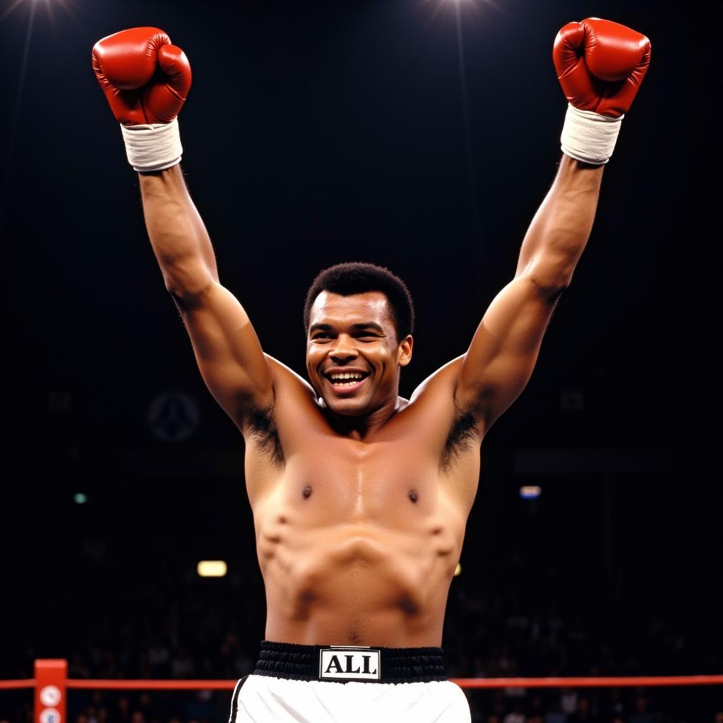 Muhammed Ali celebrating a victory with his signature pose