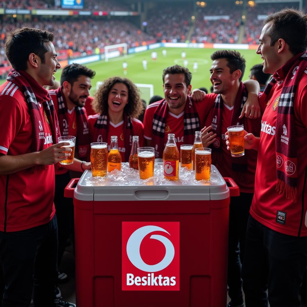 Besiktas Fans Enjoying Drinks from a Multi-Bottle Cooler