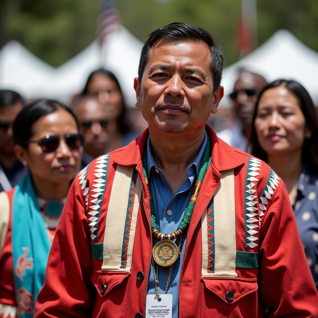 Native American man in traditional button up shirt at a ceremony