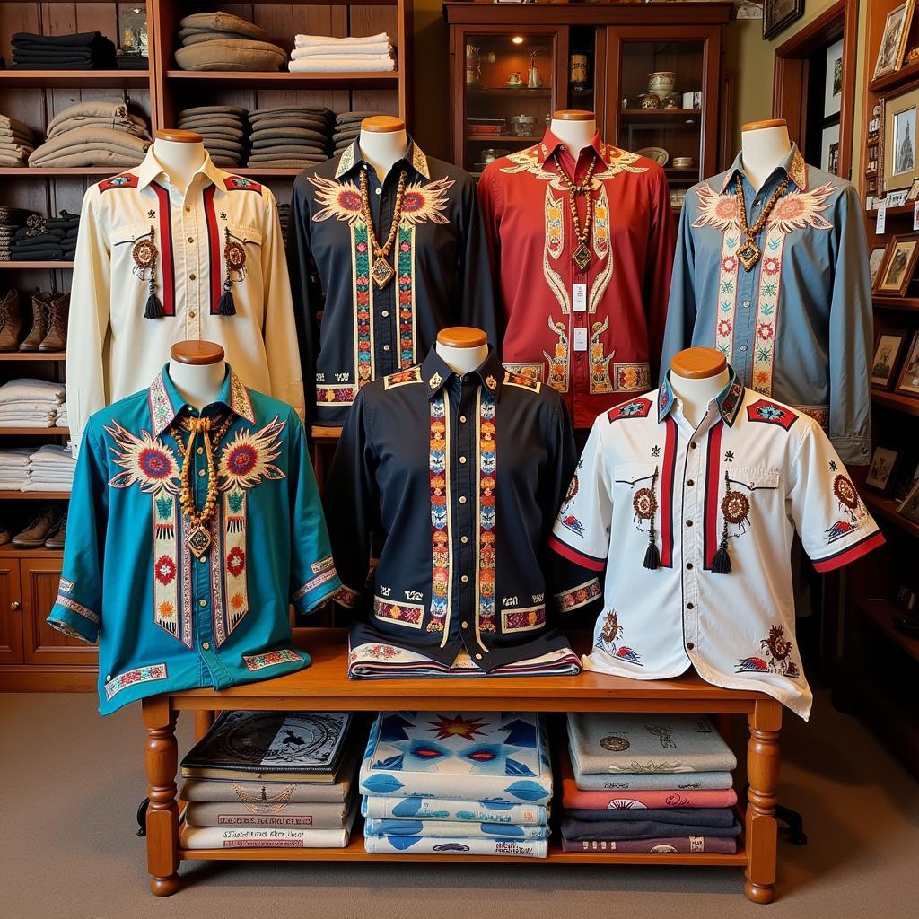 A selection of Native American button up shirts displayed for sale